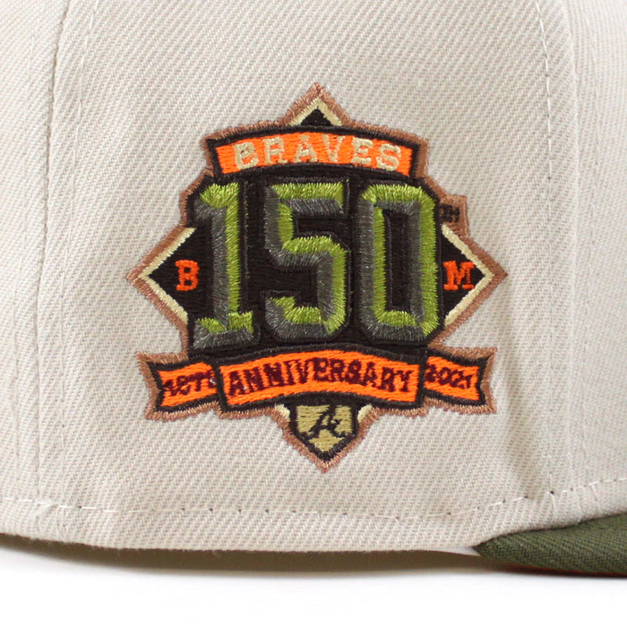 Atlanta Braves 150TH ANNIVERSARY New Era 59Fifty Fitted Hat (STONE NEW OLIVE Fight Orange Under Brim)