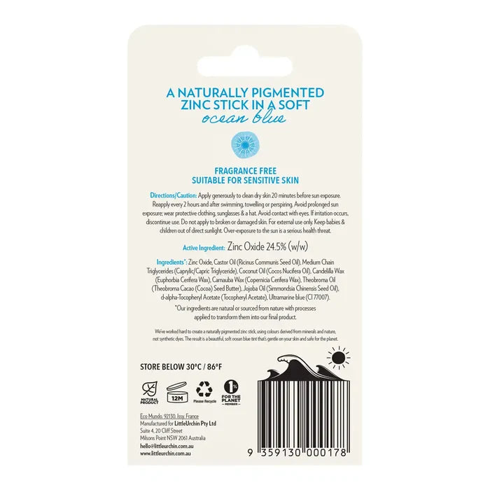 The back of a zinc stick package, featuring product details, ingredients, icons, and a barcode on a cream-coloured background.