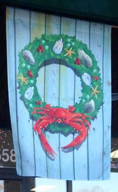 Display of Coastal Holiday Crab Wreath Large House Flag by Joe Barsin