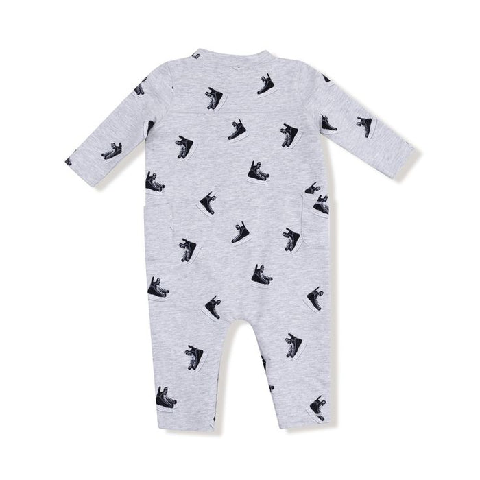 Gray baby onesie with black boot print on a white background