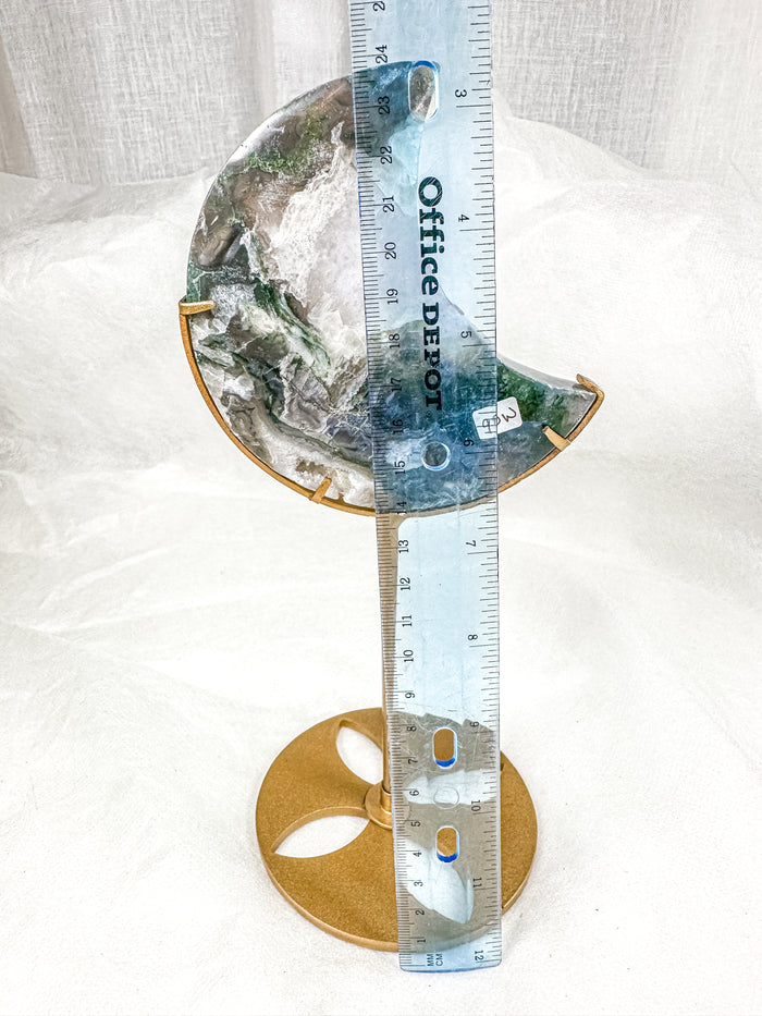 Moss Agate Moon on Stand (90W)