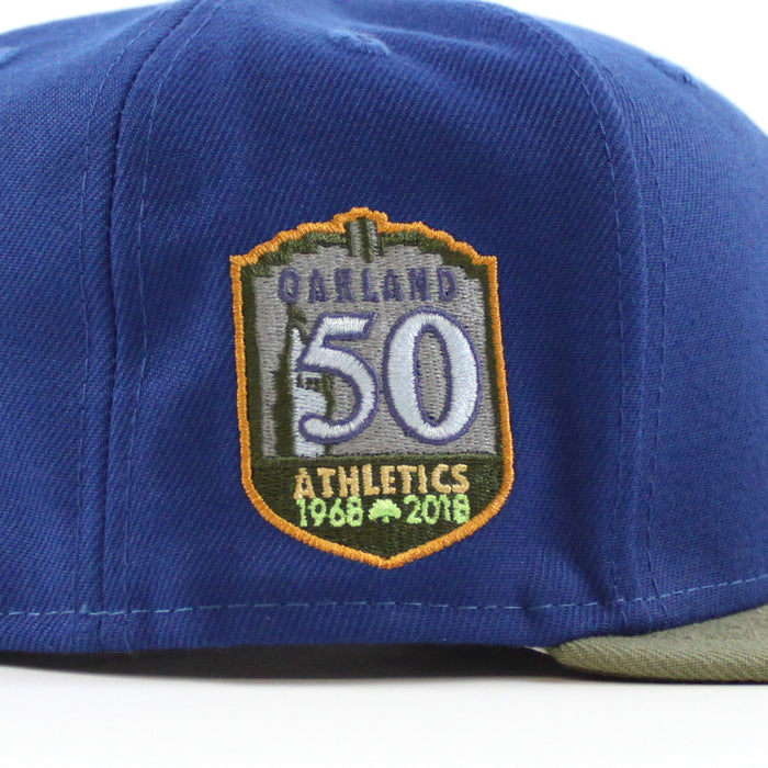 Oakland Athletics 50th ANNIVERSARY New Era 59Fifty Fitted Hat (SONGBIRD BLUE GREEN BARK NEW OLIVE Under Brim)
