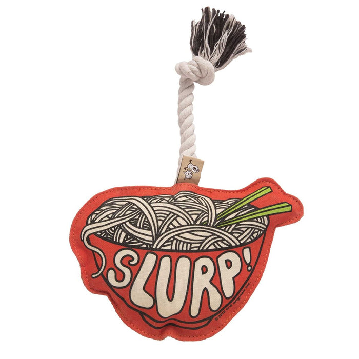 Dog toy shaped like a bowl of noodles with 'SLURP!' text and a rope handle on a white background