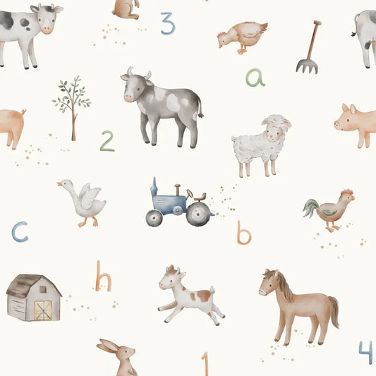 Offwhite ABC farm animals toy set by Thu Ha Kung, featuring various farm animal figures on a neutral background.