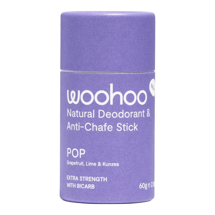 A purple Woohoo Natural Deodorant & Anti-Chafe Stick in the POP scent, shown on a clean white background.