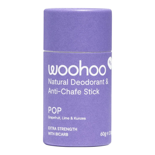 A purple Woohoo Natural Deodorant & Anti-Chafe Stick in the POP scent, shown on a clean white background.