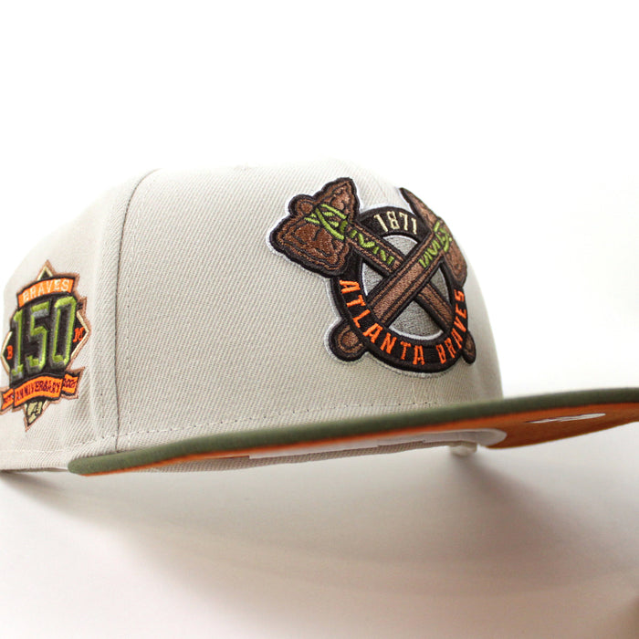 Atlanta Braves 150TH ANNIVERSARY New Era 59Fifty Fitted Hat (STONE NEW OLIVE Fight Orange Under Brim)