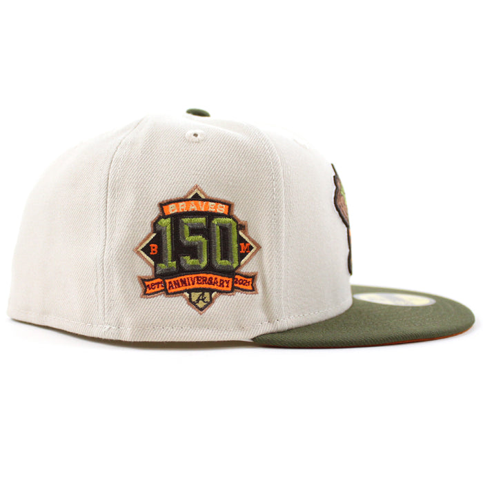 Atlanta Braves 150TH ANNIVERSARY New Era 59Fifty Fitted Hat (STONE NEW OLIVE Fight Orange Under Brim)