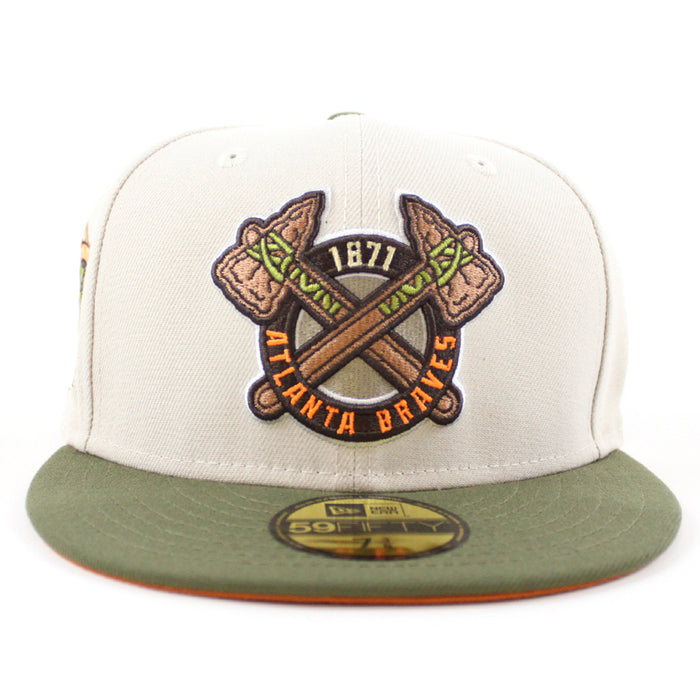 Atlanta Braves 150TH ANNIVERSARY New Era 59Fifty Fitted Hat (STONE NEW OLIVE Fight Orange Under Brim)