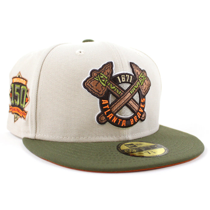 Atlanta Braves 150TH ANNIVERSARY New Era 59Fifty Fitted Hat (STONE NEW OLIVE Fight Orange Under Brim)