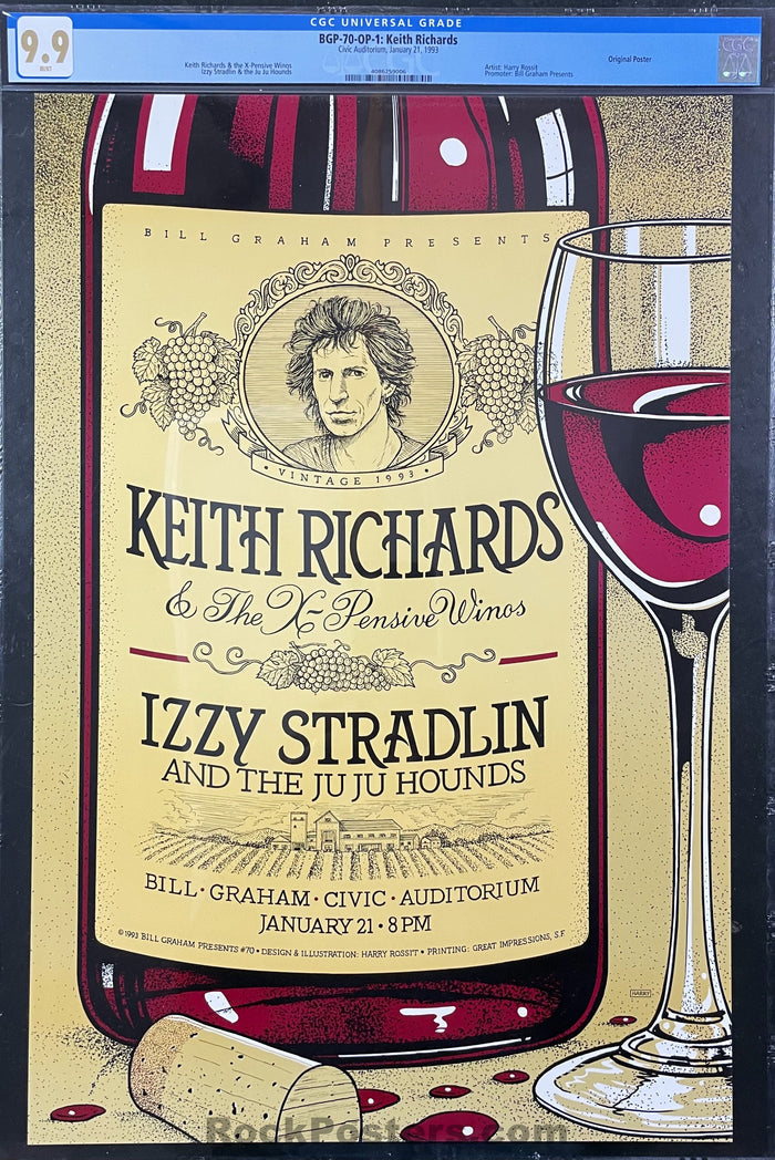 AUCTION - BGP-70 - Keith Richards - 1993 Poster - Bill Graham Civic - CGC Graded 9.9 Mint - SF Rock Posters & Collectibles