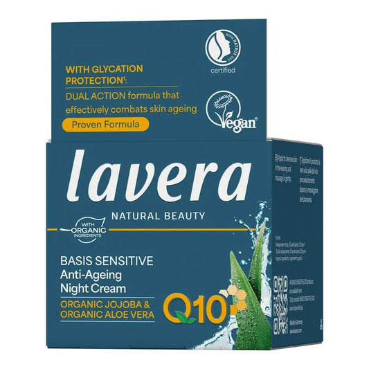 Lavera Natural Beauty Basis Sensitive Anti-Ageing Night Cream Q10 box packaging, featuring a dark teal blue design with white and yellow text, and a green aloe vera graphic on the front.