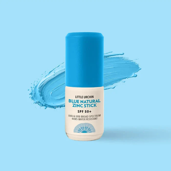 A sunscreen stick from Little Urchin, labelled 'Blue Natural Zinc Stick SPF 50+', set against a light blue background with a matching blue cream paint stroke behind it.