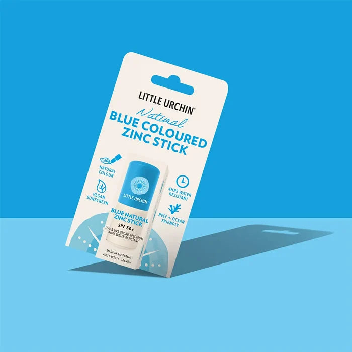 A package of Little Urchin Blue Coloured Zinc Stick SPF 387, shown at an angle against a solid blue background with a soft shadow.