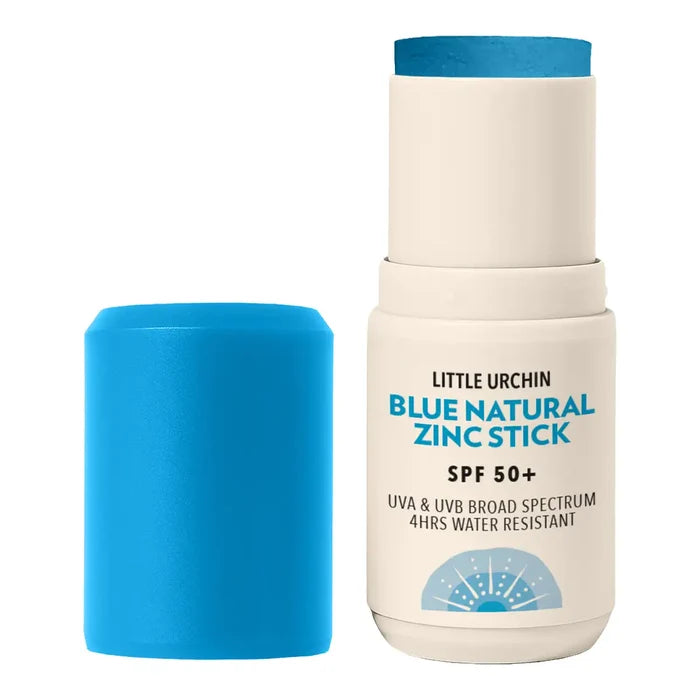 Little Urchin Blue Natural Zinc Stick SPF 50+ sunscreen stick shown with its blue cap removed and placed beside the cream-coloured stick container on a white background.