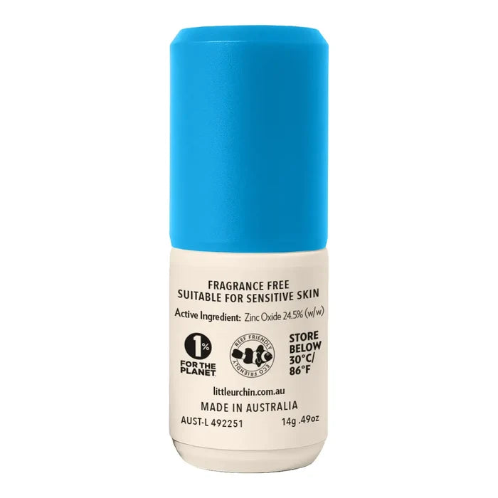 A 14g roll-on sunscreen stick, featuring a bright blue cap and a cream-coloured label with product details and certification logos.