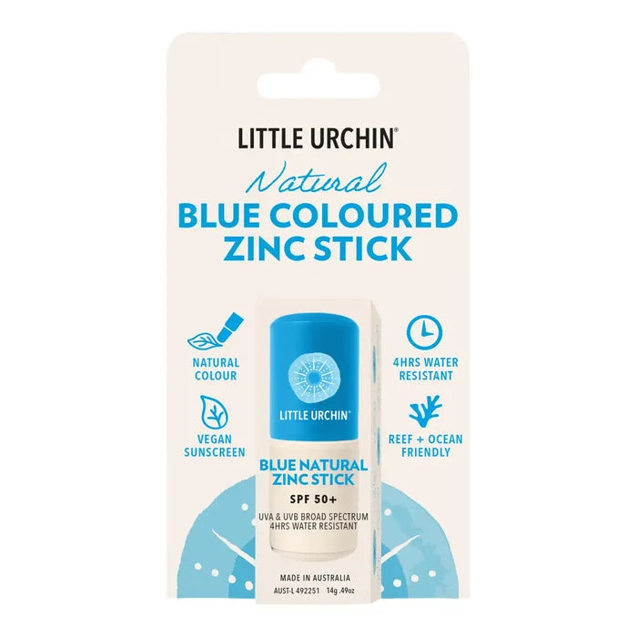Little Urchin Natural Blue Coloured Zinc Stick SPF 50+ in its original retail blister packaging, featuring a white card with blue and black text.