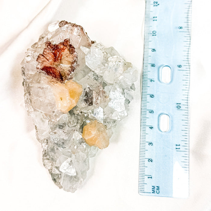 Clear Apophyllite Cluster on Blue Chalcedony with Pink Stilbite & Red Heulandite Mineral Specimen (F)