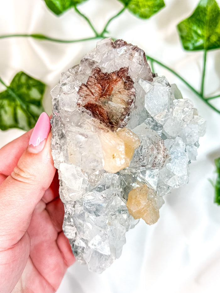 Clear Apophyllite Cluster on Blue Chalcedony with Pink Stilbite & Red Heulandite Mineral Specimen (F)