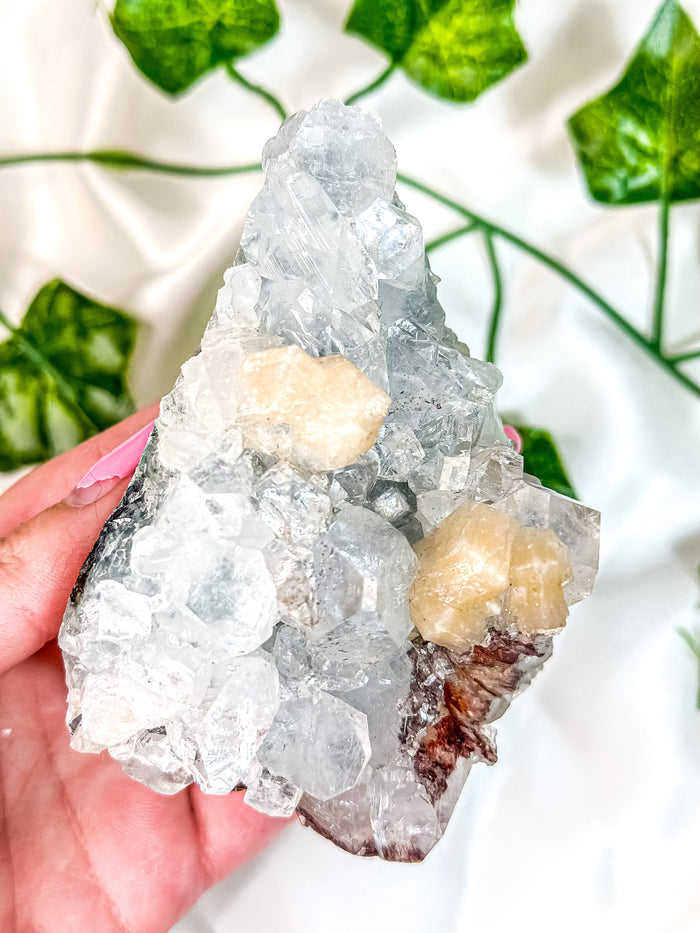 Clear Apophyllite Cluster on Blue Chalcedony with Pink Stilbite & Red Heulandite Mineral Specimen (F)