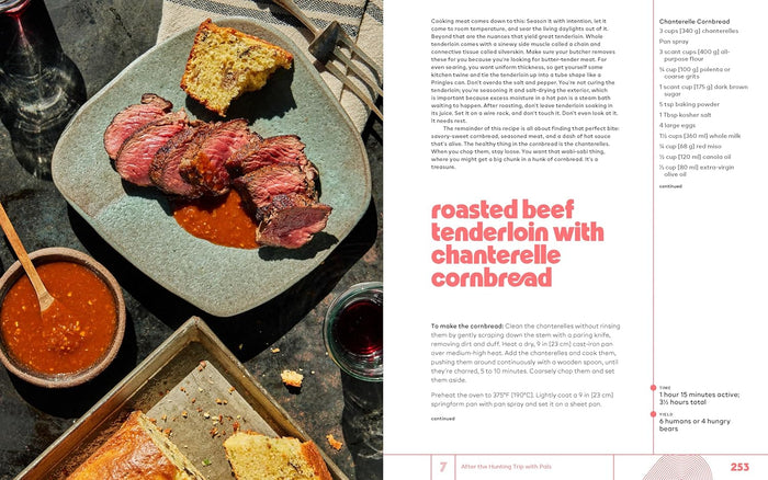 Plated roasted beef tenderloin with chiantreille cornbread on a table with a recipe card beside it.