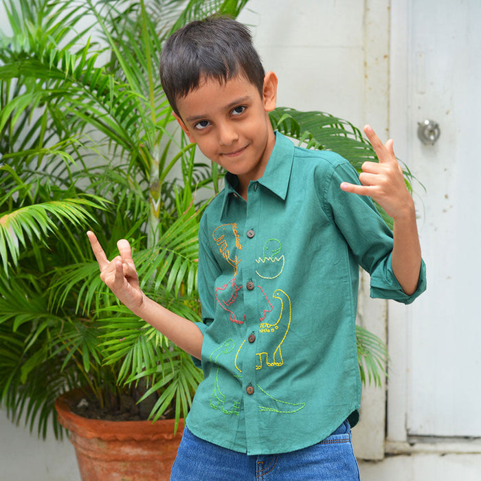 Dinosaurs Embroidered Shirt - Bottle Green (1-8 Years)