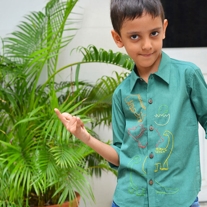Dinosaurs Embroidered Shirt - Bottle Green (1-8 Years)