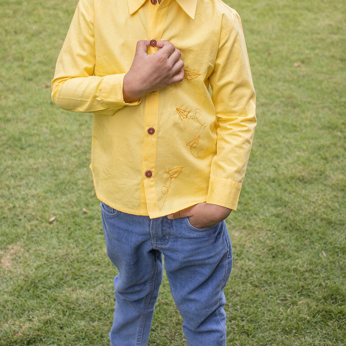 Fly High Embroidered Formal Shirt - Yellow (1-8 Years)