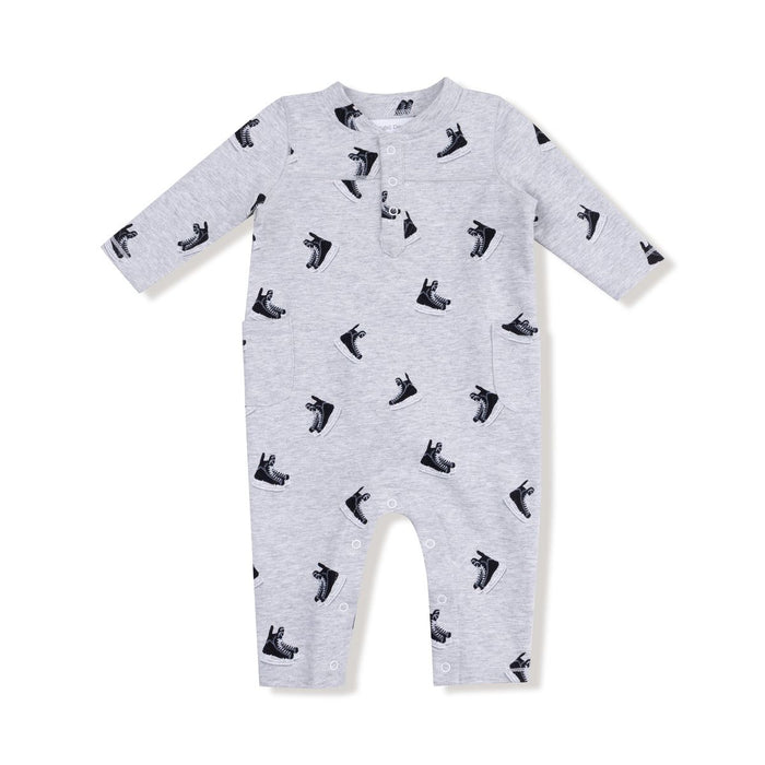Gray baby romper with black animal prints on a white background