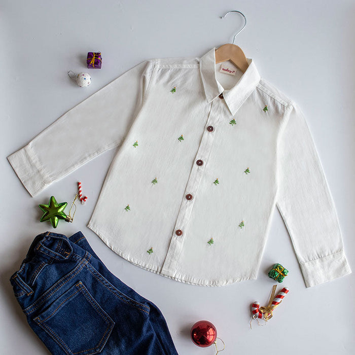 Frosty Pine Trees Embroidered Formal Shirt (1-14 Years)