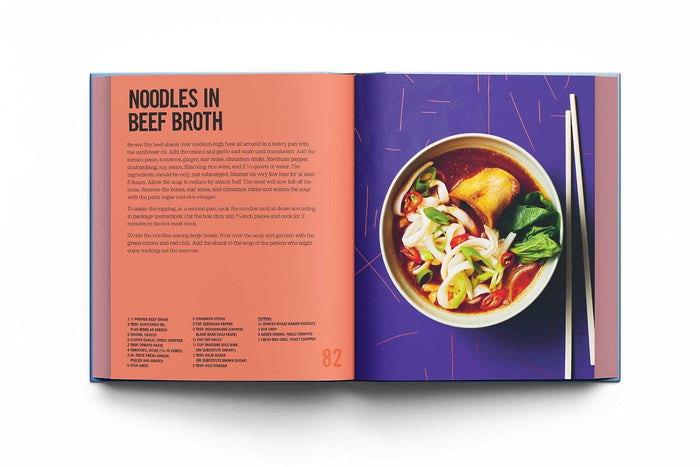 An open cookbook spread showing a recipe page titled 'Noodles in Beef Broth' on the left and a prepared noodle bowl photo on the right, photographed against a clean white background.
