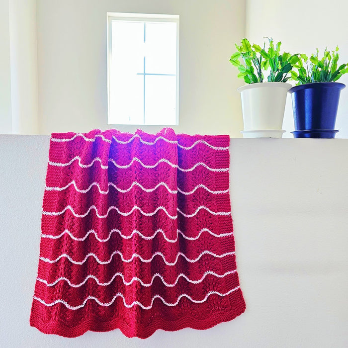 Hand Knitted Baby Blanket - Wave Pattern Red with White Trim