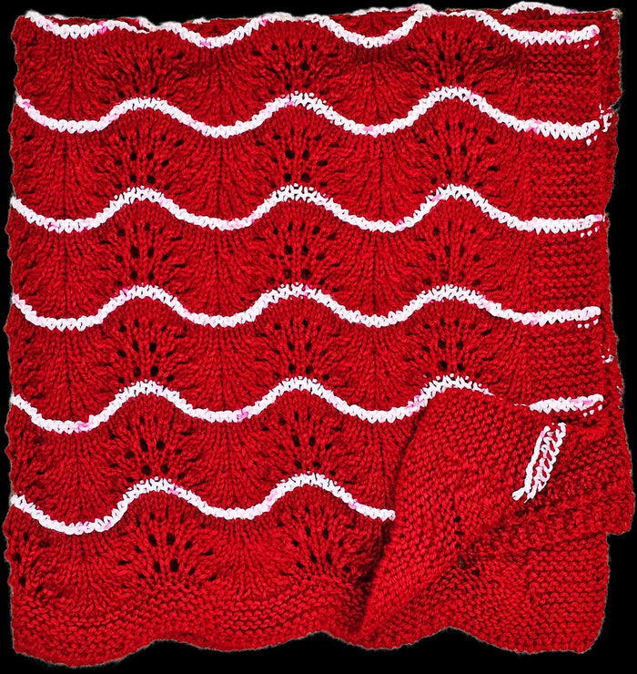 Hand Knitted Baby Blanket - Wave Pattern Red with White Trim