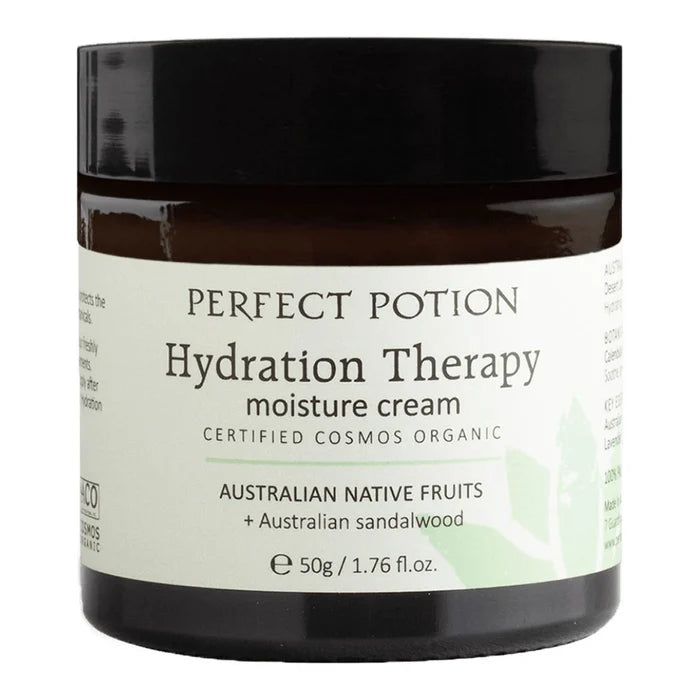 A 50g jar of Perfect Potion Hydration Therapy moisture cream, featuring a dark amber glass container, a black lid, and a white label with green accents.