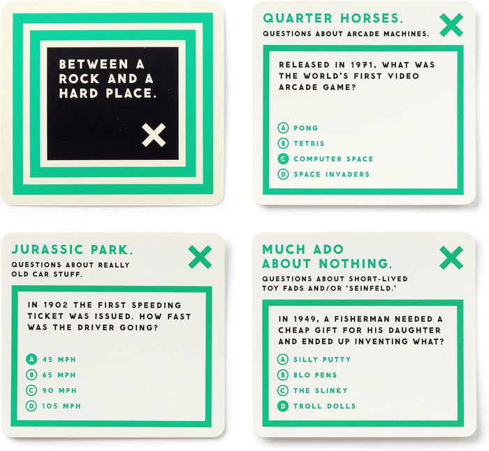 Four trivia cards with questions and answers on a white background