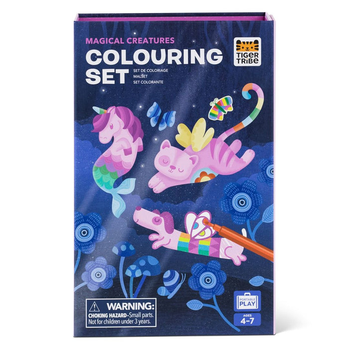 Colouring set packaging with magical creatures illustration on a blue background