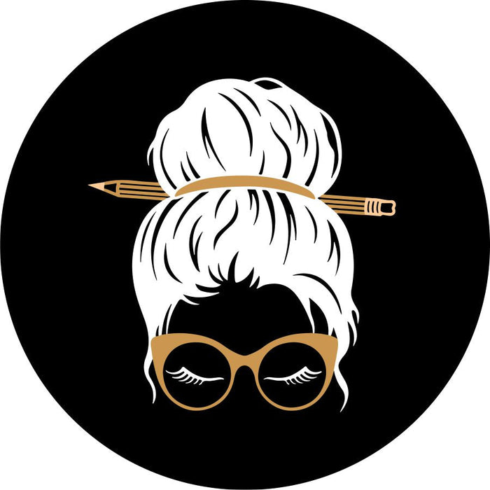 Messy Bun Teacher with Pencil and Glasses