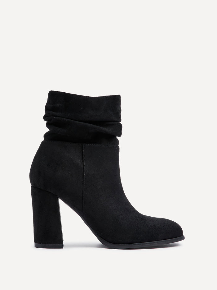 Mila Black Suede Heeled Ruched Ankle Boots