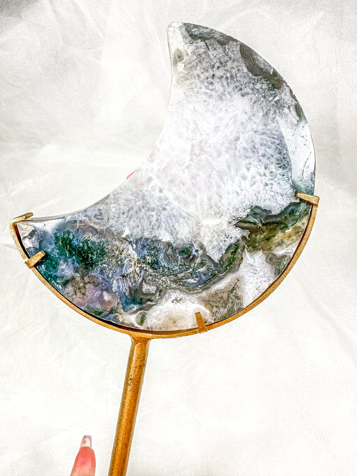 Moss Agate Moon on Stand (90W)