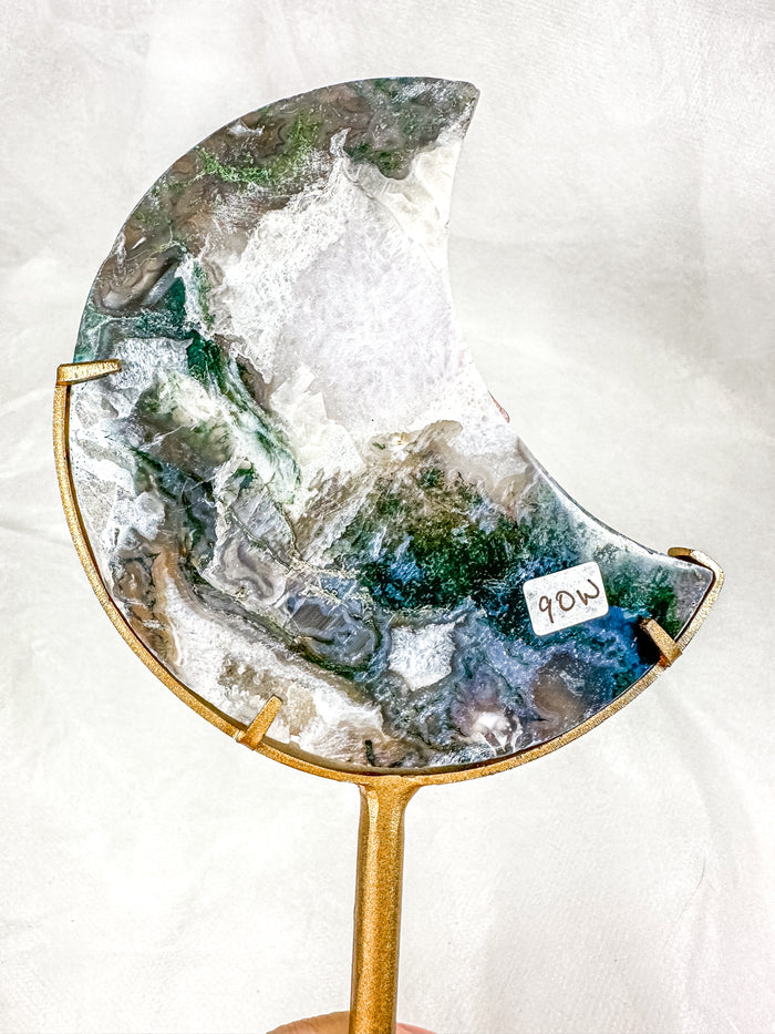 Moss Agate Moon on Stand (90W)