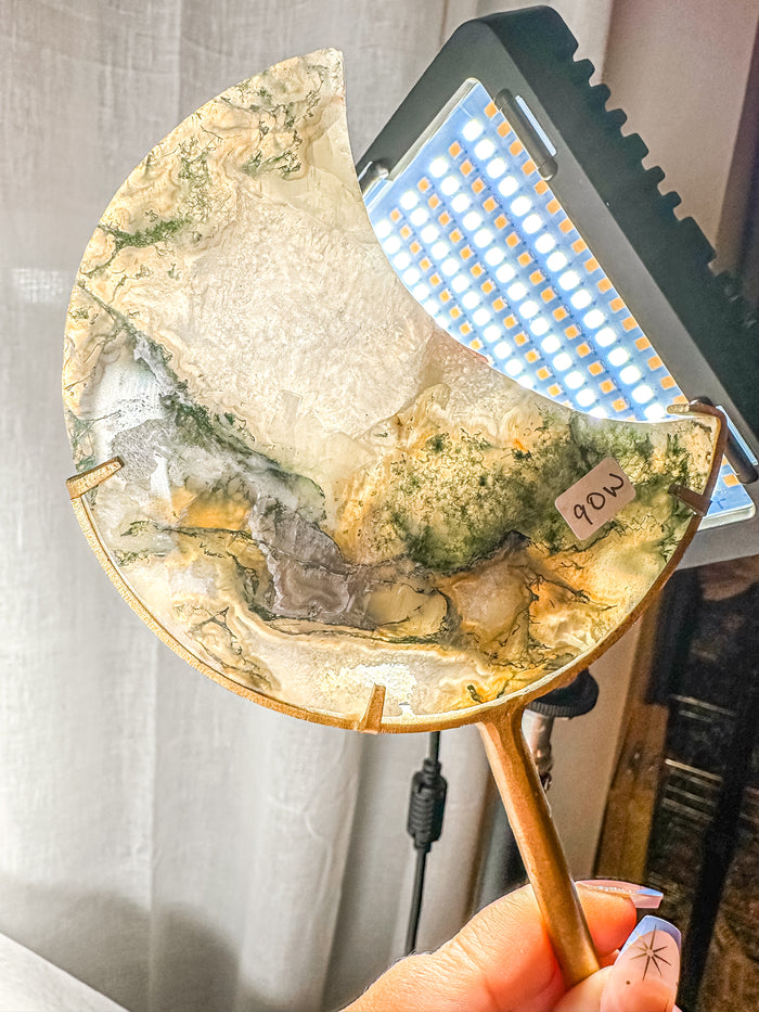 Moss Agate Moon on Stand (90W)