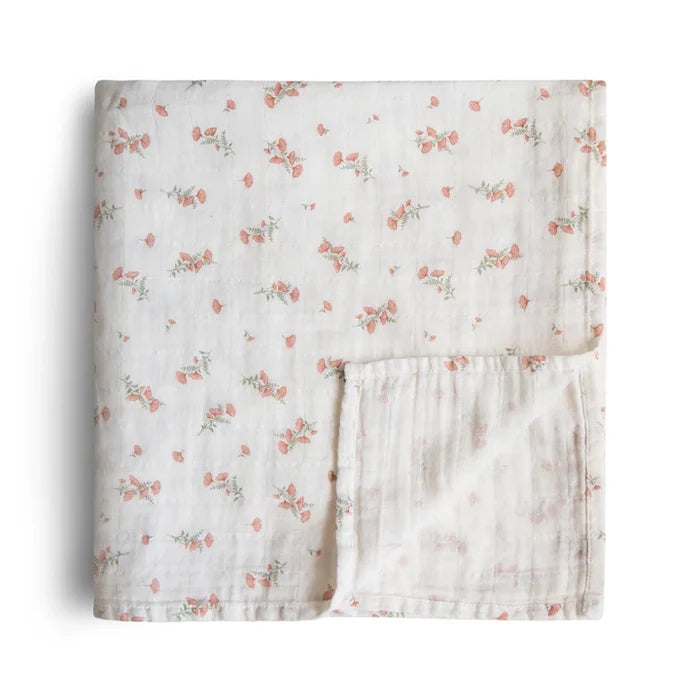 Mushie – Organic Cotton Muslin Swaddle Blanket in Pink Flowers