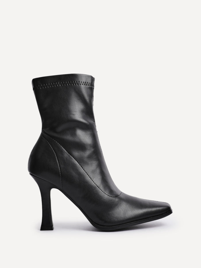 Noelle Black Faux Leather Heeled Sock Boots