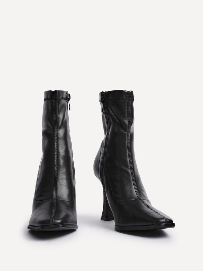 Noelle Black Faux Leather Heeled Sock Boots