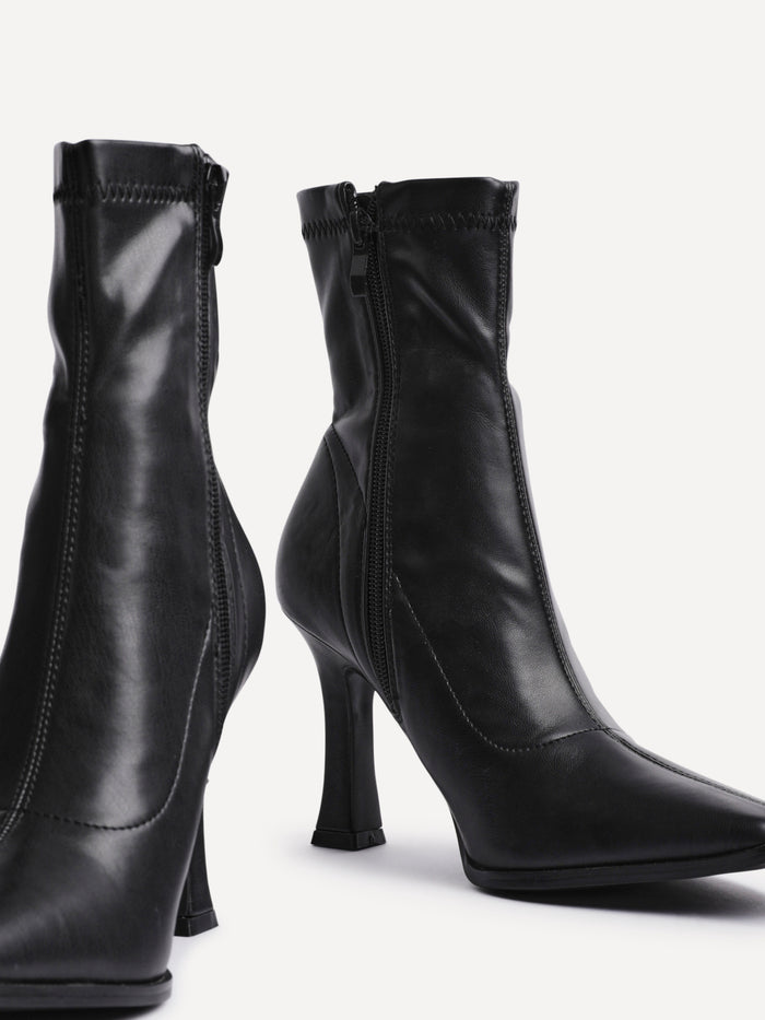 Noelle Black Faux Leather Heeled Sock Boots