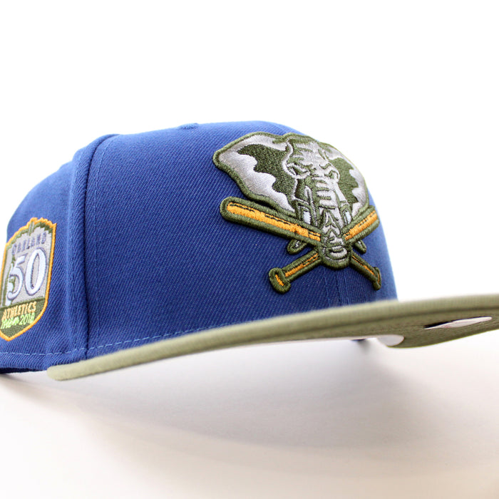 Oakland Athletics 50th ANNIVERSARY New Era 59Fifty Fitted Hat (SONGBIRD BLUE GREEN BARK NEW OLIVE Under Brim)