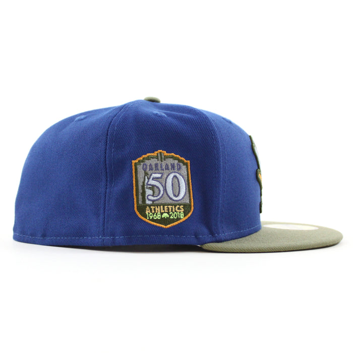 Oakland Athletics 50th ANNIVERSARY New Era 59Fifty Fitted Hat (SONGBIRD BLUE GREEN BARK NEW OLIVE Under Brim)