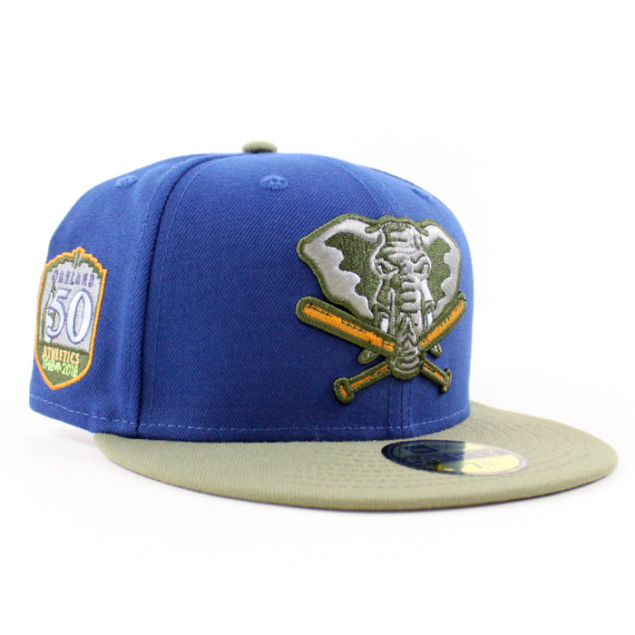 Oakland Athletics 50th ANNIVERSARY New Era 59Fifty Fitted Hat (SONGBIRD BLUE GREEN BARK NEW OLIVE Under Brim)