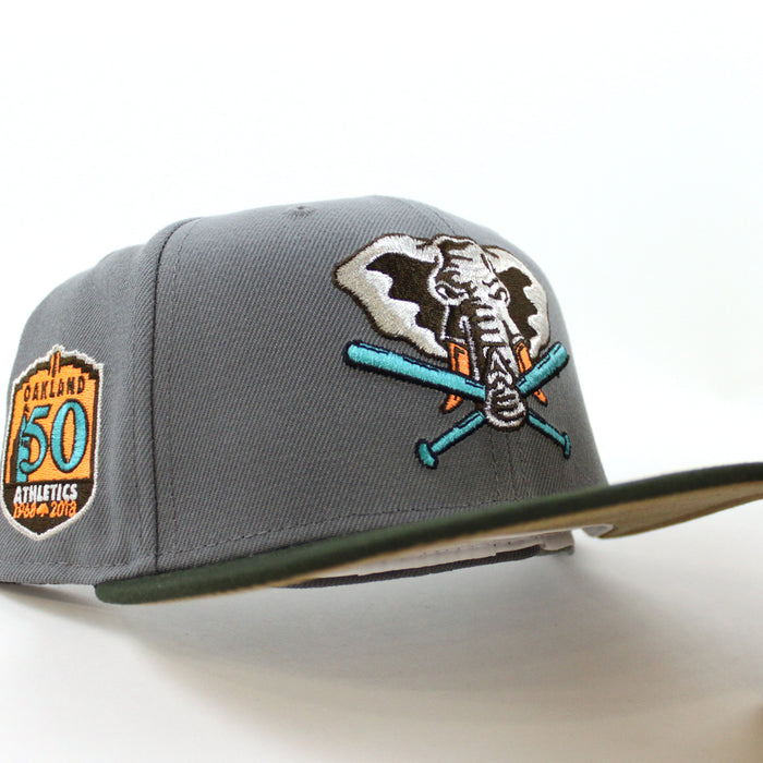 Oakland Athletics 50TH Anniversary New Era 59Fifty Fitted Hat (Storm Gray Dark Green Khaki Under Brim)