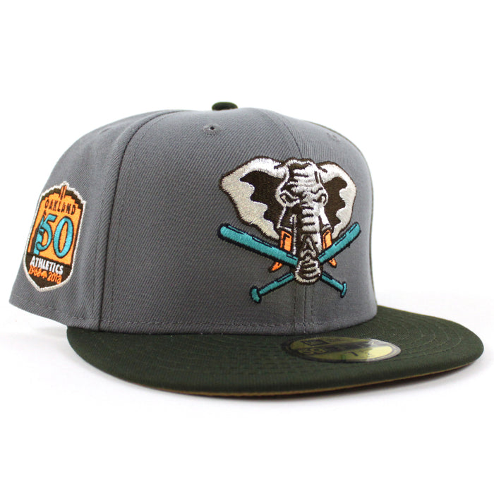 Oakland Athletics 50TH Anniversary New Era 59Fifty Fitted Hat (Storm Gray Dark Green Khaki Under Brim)
